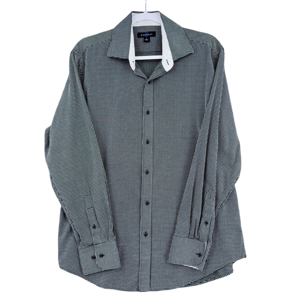 Ziggurat Button Down Shirt Mens L Poly Cotton Black White